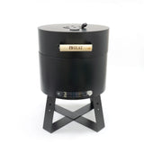 Black metal barrel-style stove with 'HEAT' branding on a white background