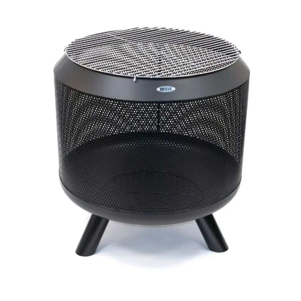 Black metal fire pit with mesh design on a white background