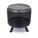 Black metal fire pit with mesh design on a white background
