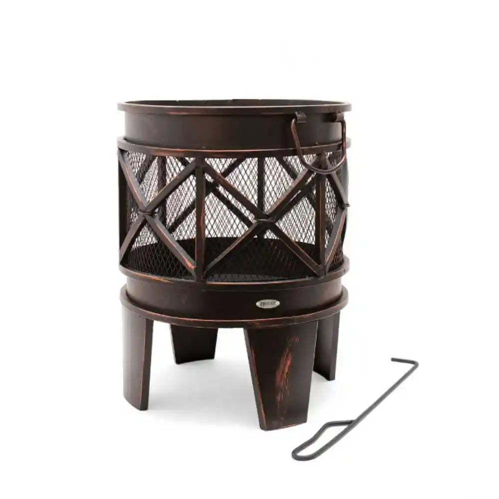 Bronze fire pit with lattice design on a white background