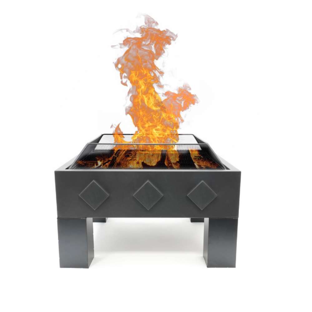 Square metal fire pit with flames on a white background