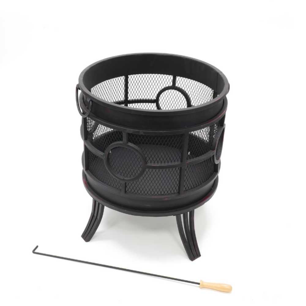 Black metal fire pit with mesh design on a white background