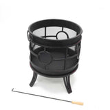 Black metal fire pit with mesh design on a white background