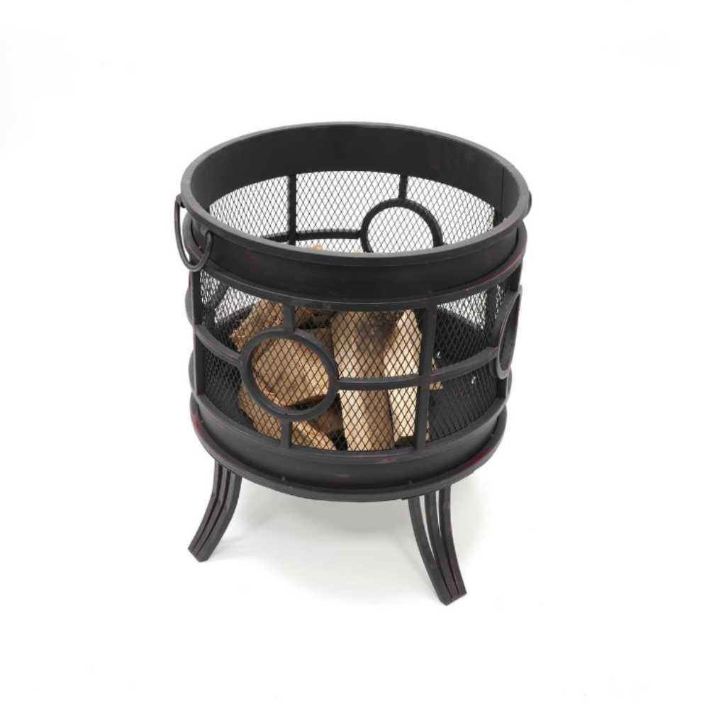 Black metal fire pit with mesh design on a white background