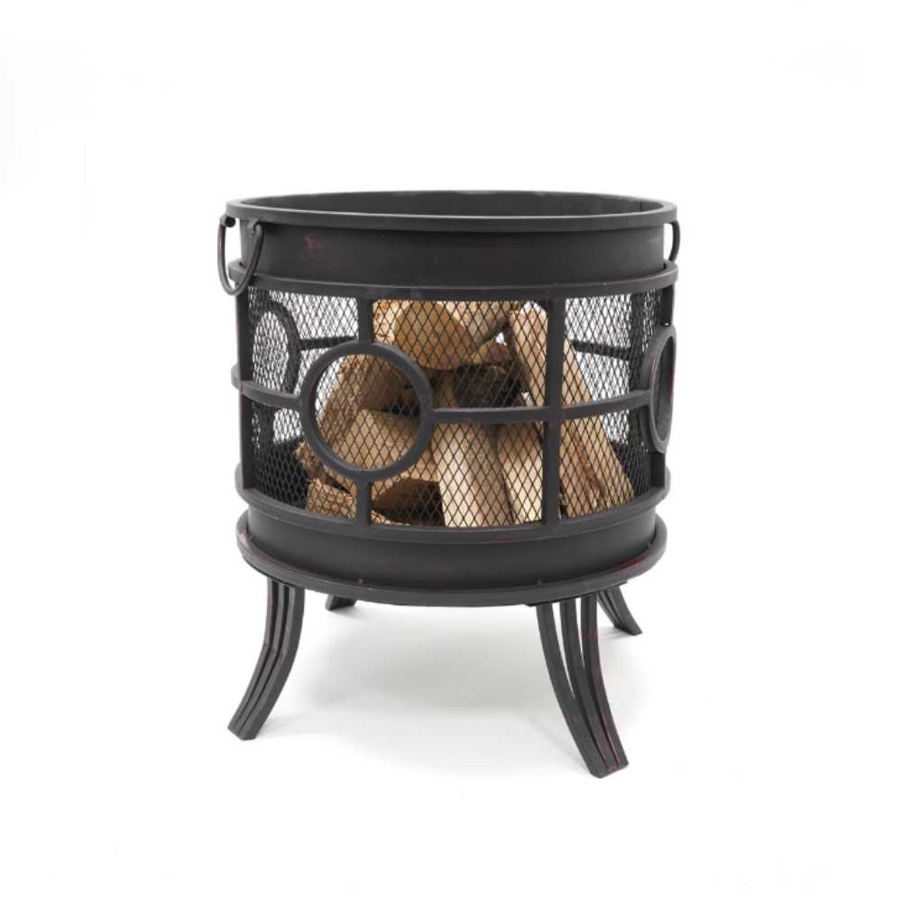 Black metal firewood holder with mesh design on a white background