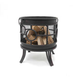 Black metal firewood holder with mesh design on a white background