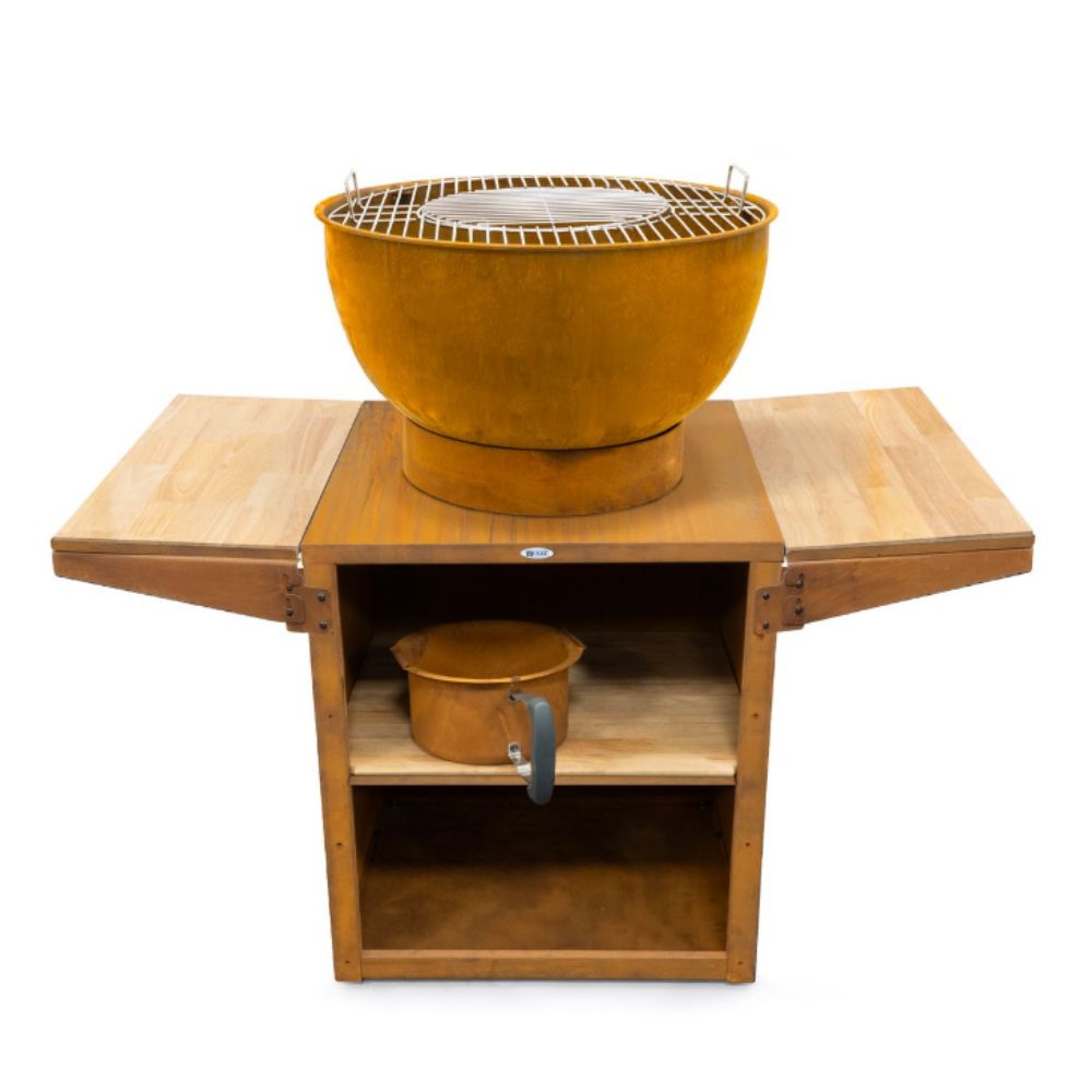 Wooden barbecue grill with a bowl on top and a shelf below, on a white background