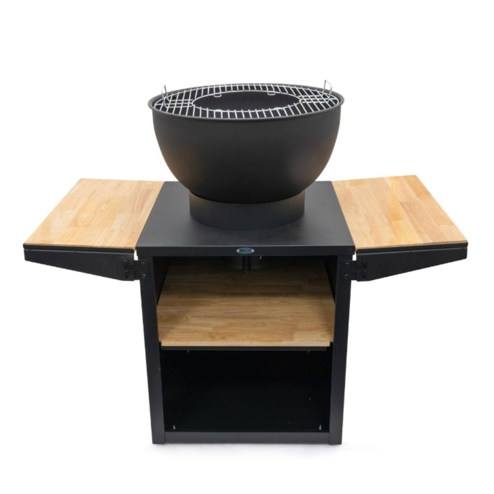 Black barbecue grill with wooden top on a white background