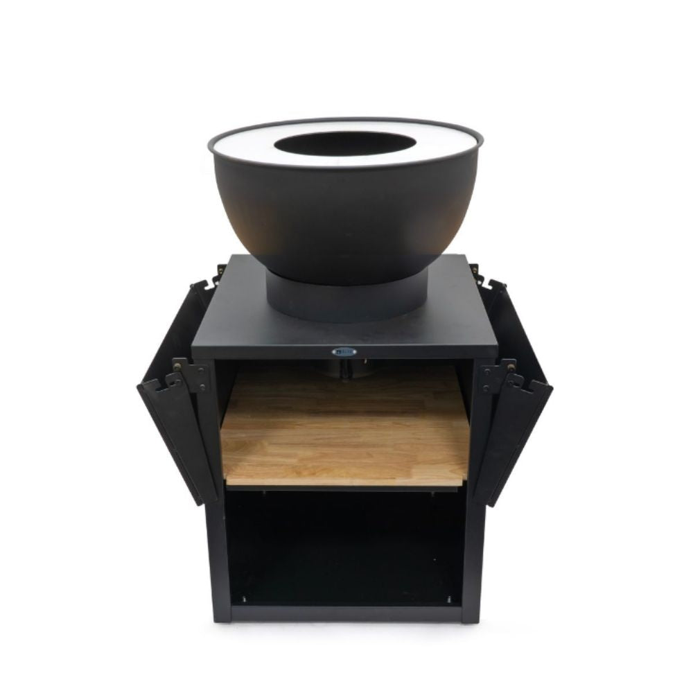 Black metal stove with a wooden shelf on a white background