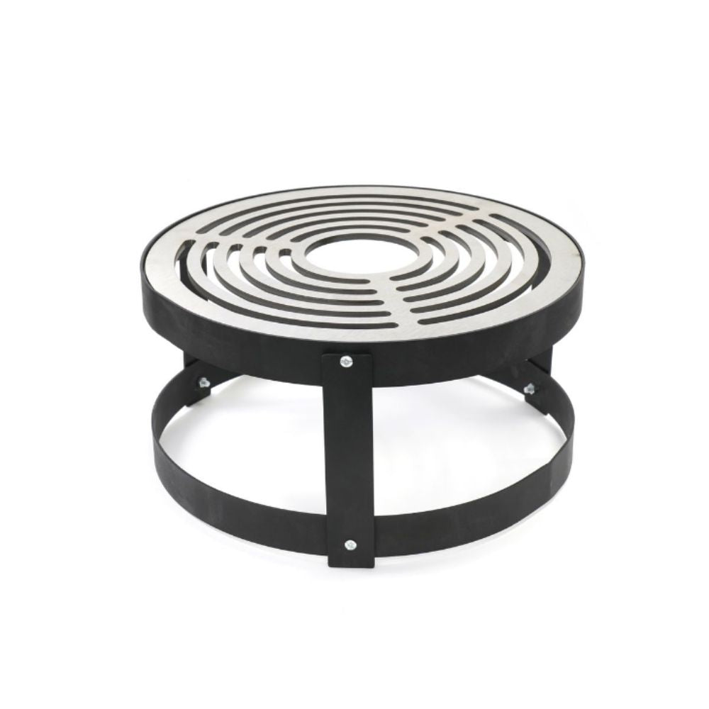 Round metal fire pit grill with concentric circular design on a white background
