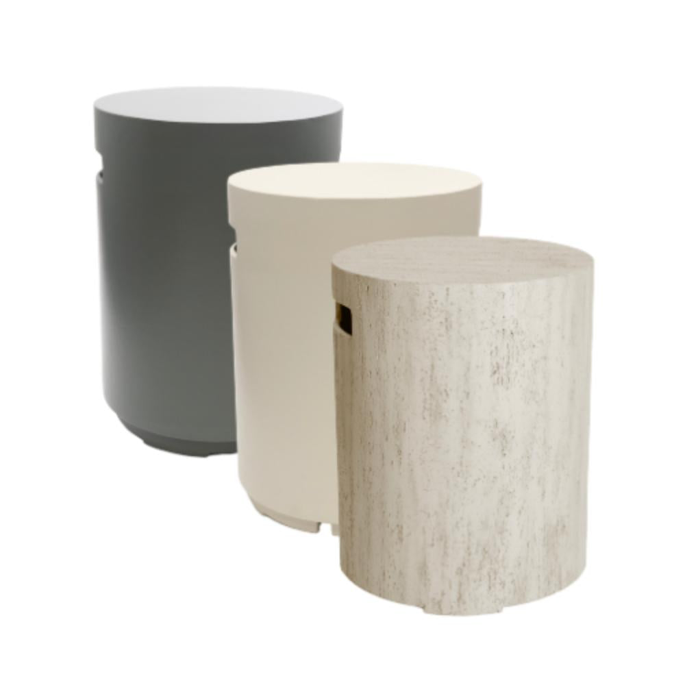 Three cylindrical gas bottle enclosures in gray, beige, and textured material on a white background