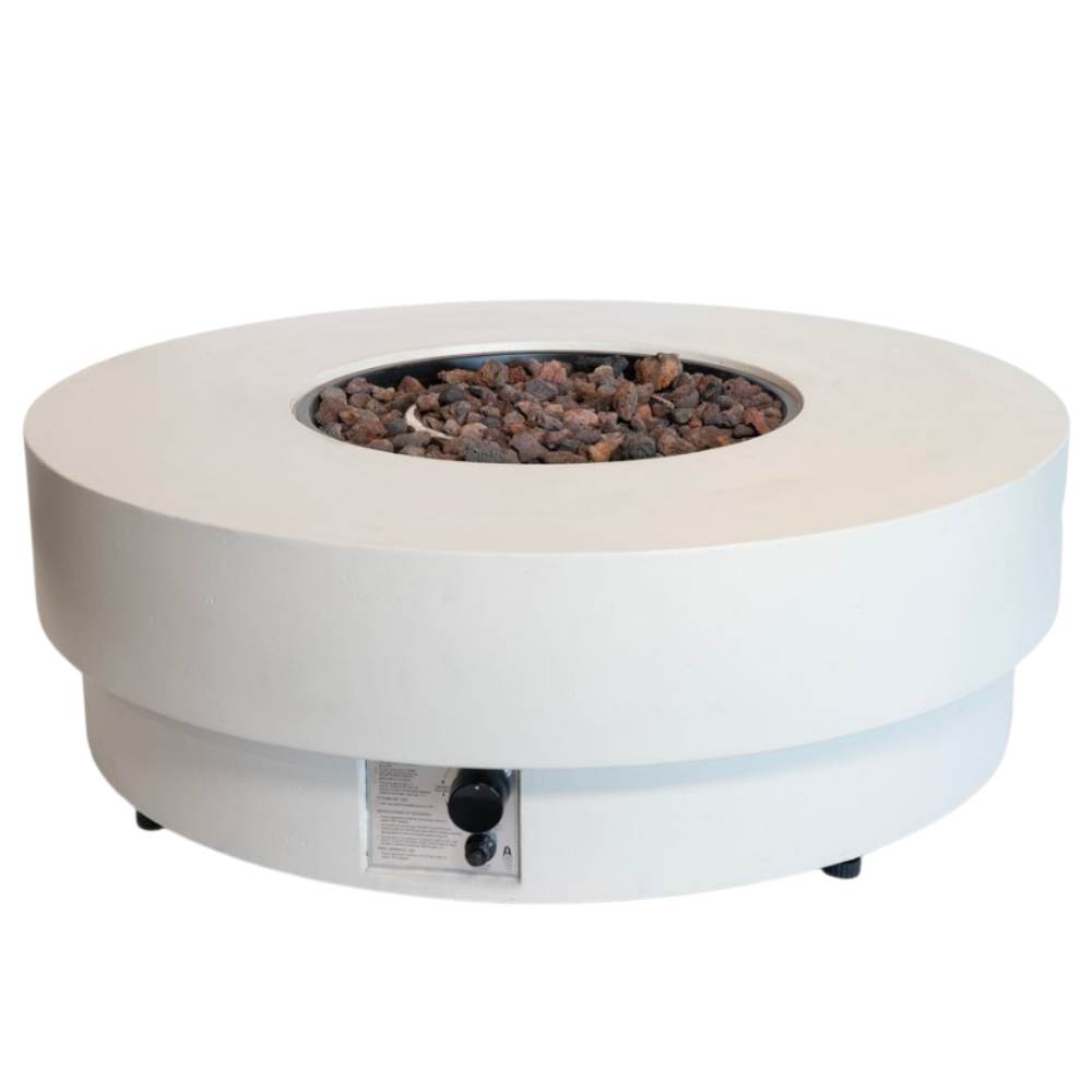 Round fire pit table with a white base and beige top on a white background
