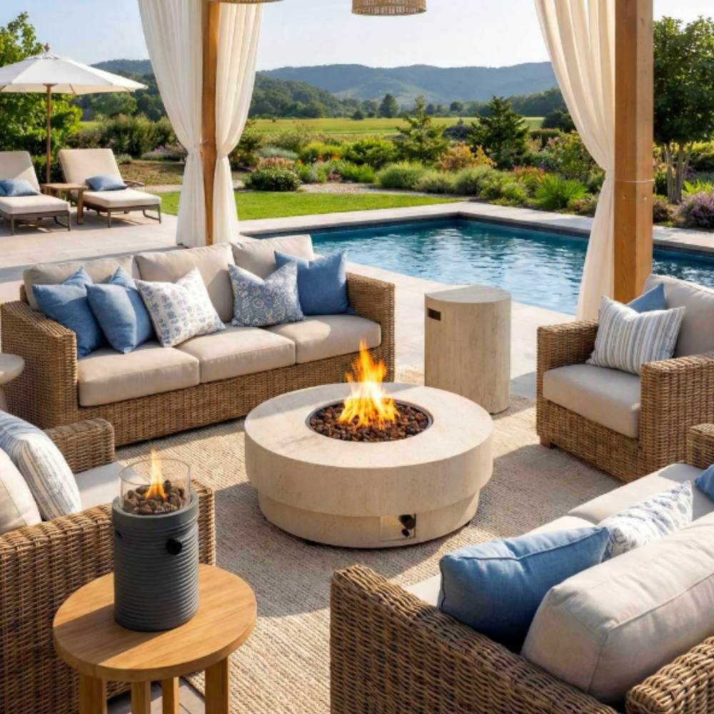 Outdoor patio with wicker furniture, fire pit, and pool view