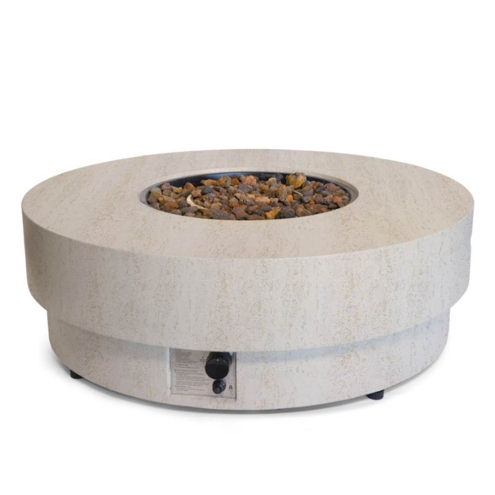 Round concrete fire pit table with visible gas valve on a white background