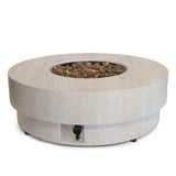 Round concrete fire pit table with visible gas valve on a white background