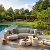 Outdoor patio with a sectional sofa, fire pit, and garden view