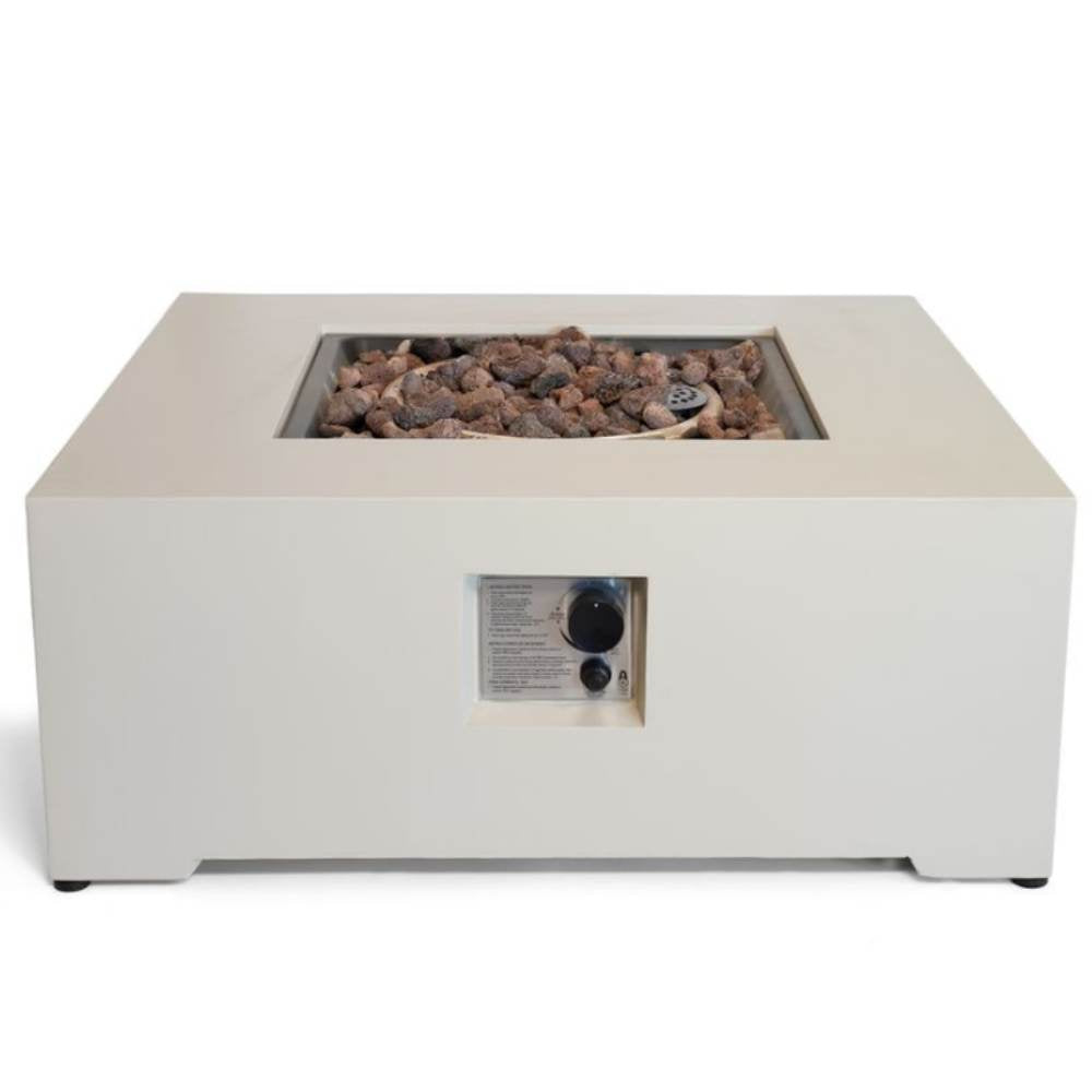 Square fire pit table with firewood on a white background
