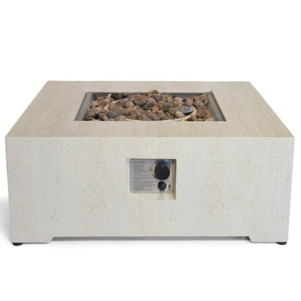 Square fire pit table with rocks and control panel on a white background