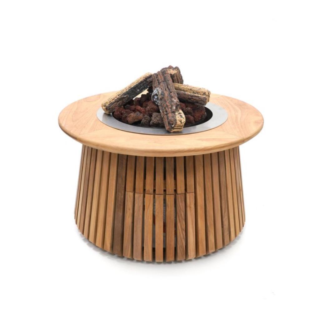 Wooden fire pit table with logs on a white background