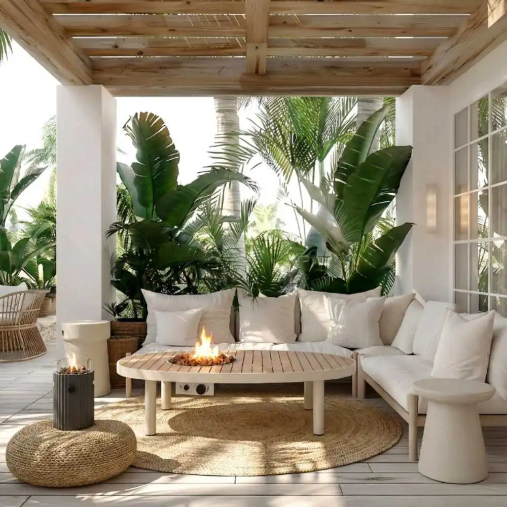 Outdoor patio with a fire pit table, white sofa, and tropical plants.