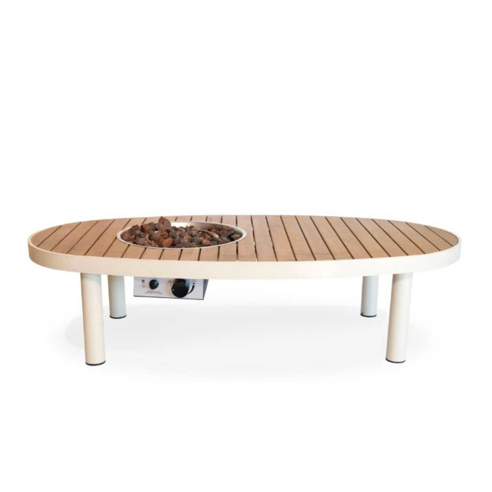 Wooden outdoor table with fire pit on a white background