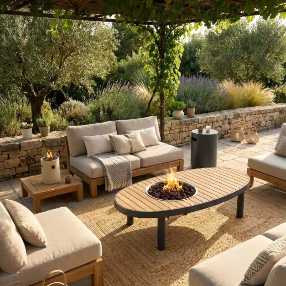 Outdoor patio with fire pit table, comfortable seating, and lush greenery.