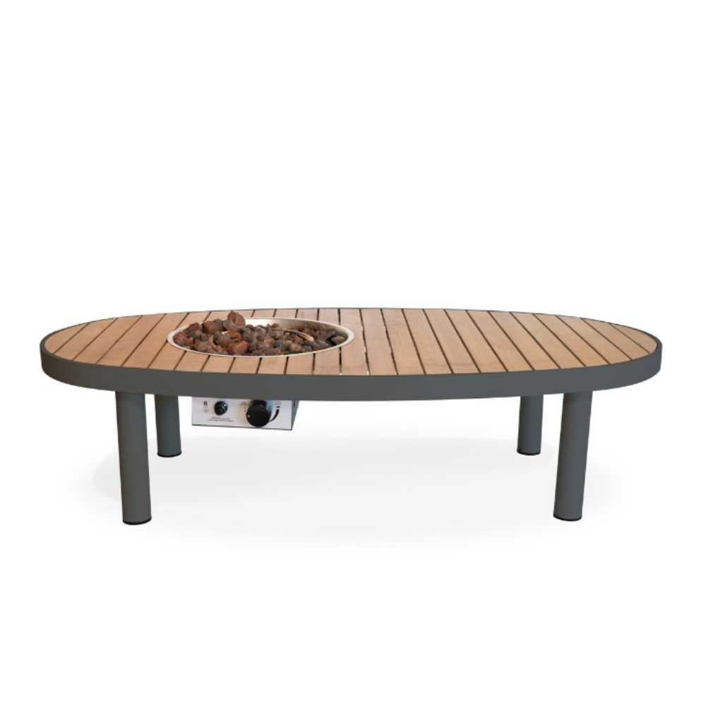 Wooden fire pit table with gray base on a white background