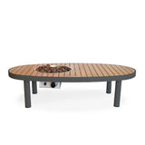 Wooden fire pit table with gray base on a white background