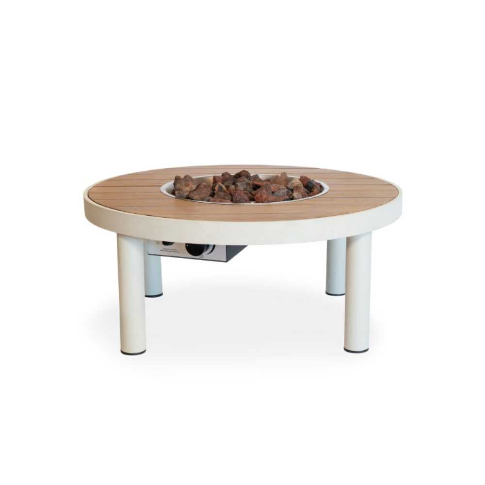 Round fire pit table with wooden top and white legs on a white background