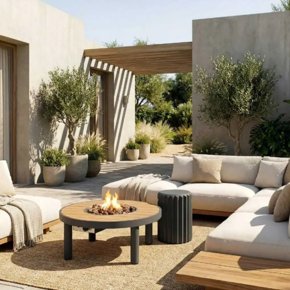 Outdoor patio with a fire pit table, sectional sofa, and potted plants.
