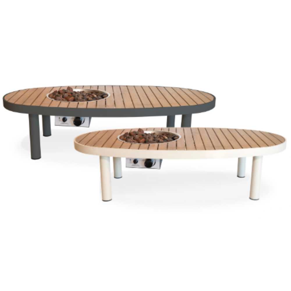 Two oval fire pit tables with wooden tops and metal bases on a white background