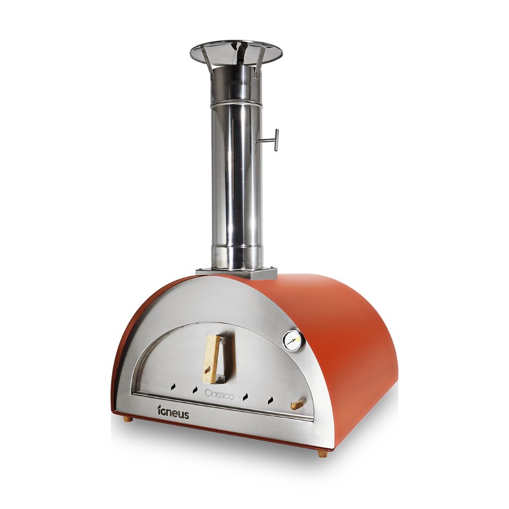 Red and silver pizza oven with 'Igneus' branding on a white background