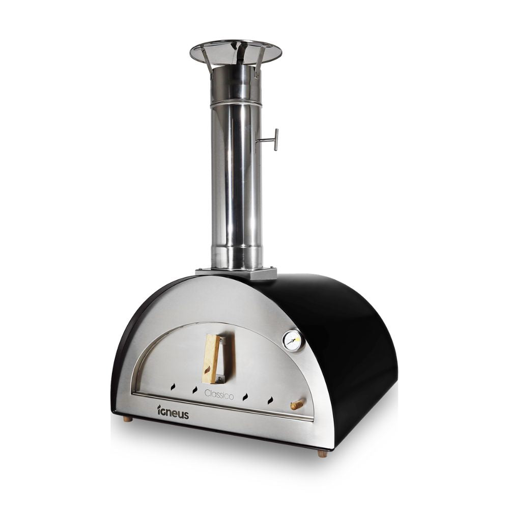 Black and silver pizza oven with 'Igneus' branding on a white background
