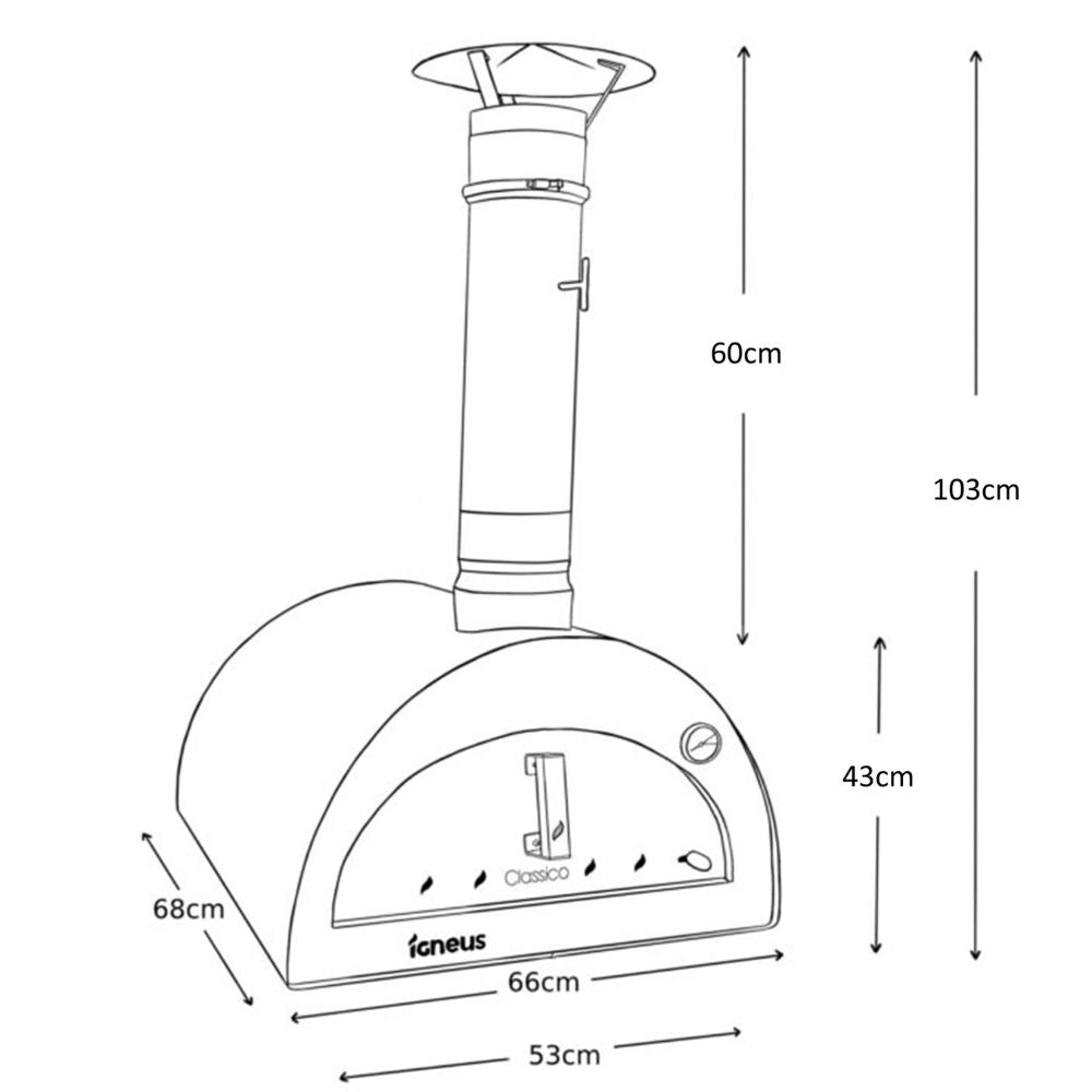 Measurement chart of a pizza oven with dimensions labeled