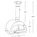 Measurement chart of a pizza oven with dimensions labeled