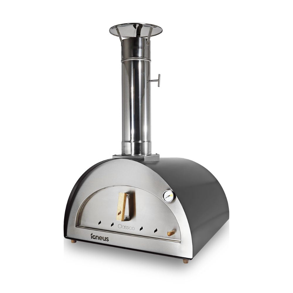 Stainless steel pizza oven with Igneus branding on a white background