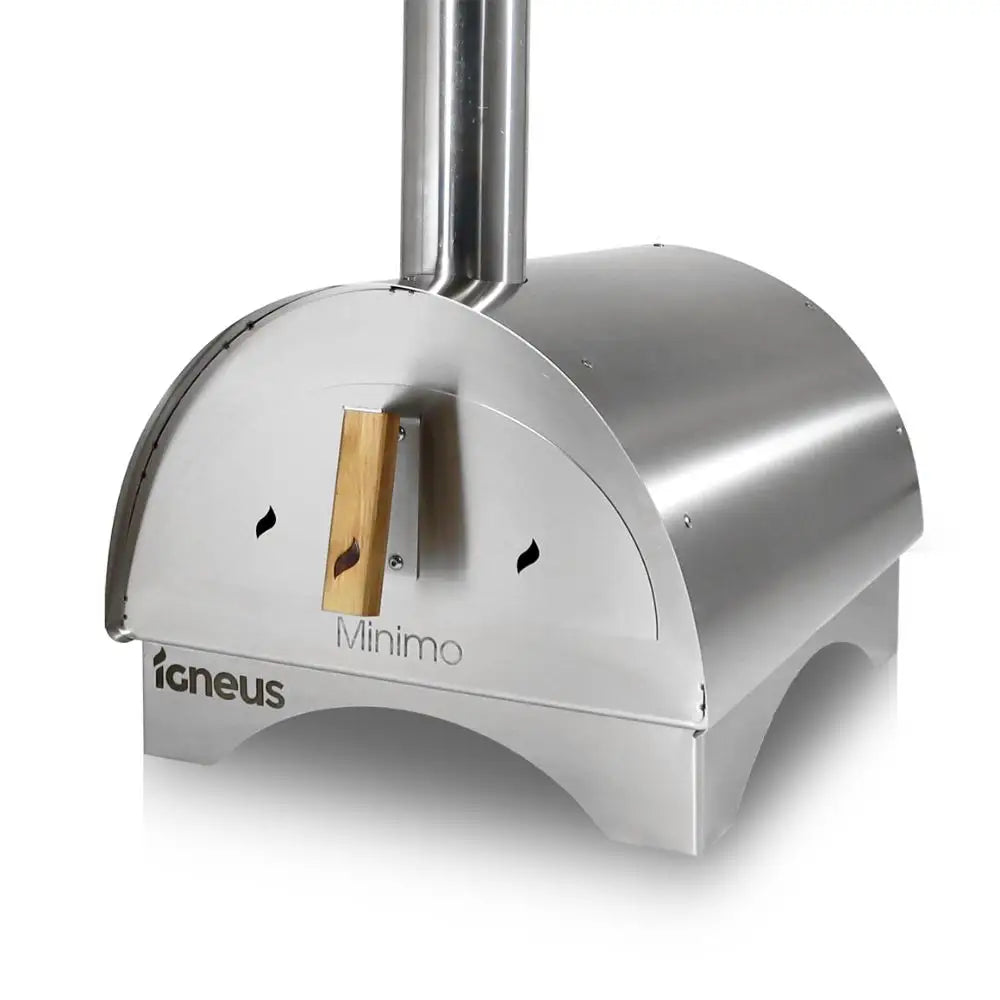 Stainless steel pizza oven with wooden door on a white background