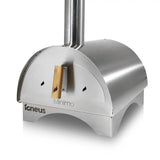 Stainless steel pizza oven with wooden door on a white background
