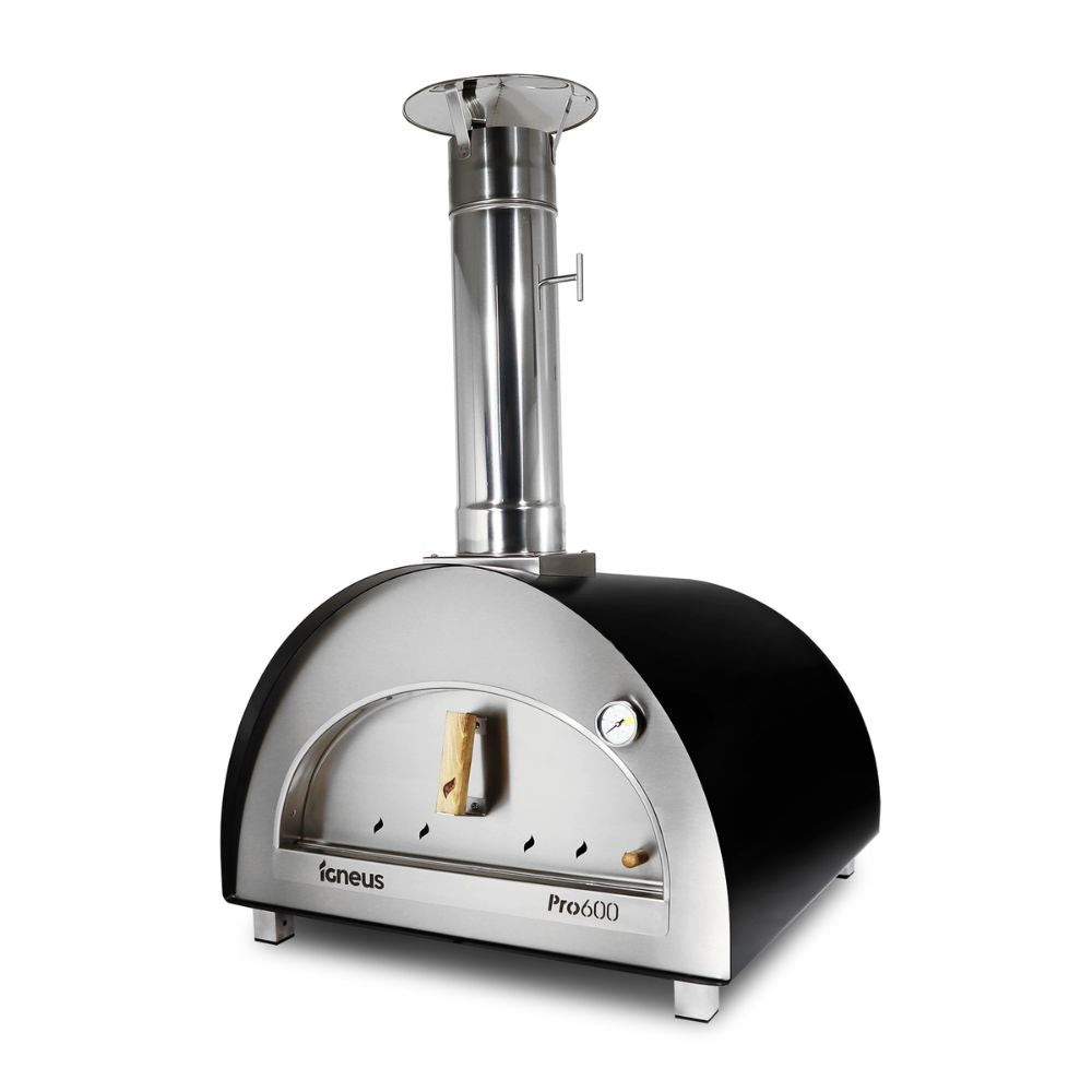 Stainless steel outdoor pizza oven with black base on a white background