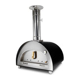 Stainless steel outdoor pizza oven with black base on a white background