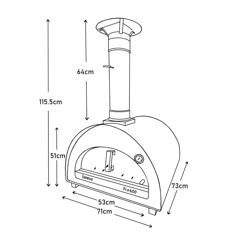 Measurement chart of a pizza oven with dimensions labeled.