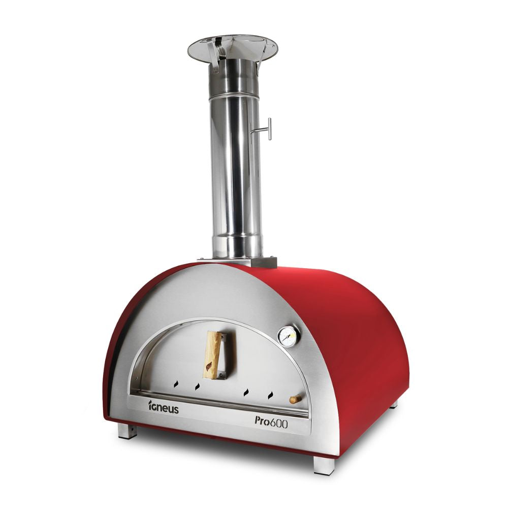 Red and silver outdoor pizza oven with 'Icaneus' branding on a white background