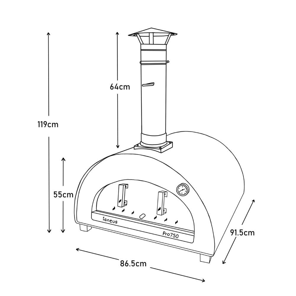 Measurement chart of a pizza oven with dimensions labeled.