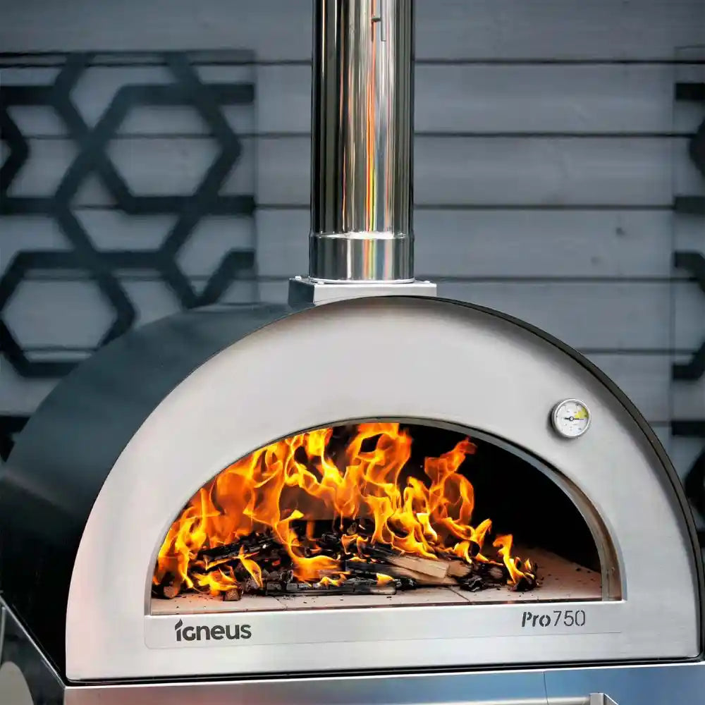 Wood-fired oven with flames inside, branded 'igneus Pro750', against a geometric-patterned wall.