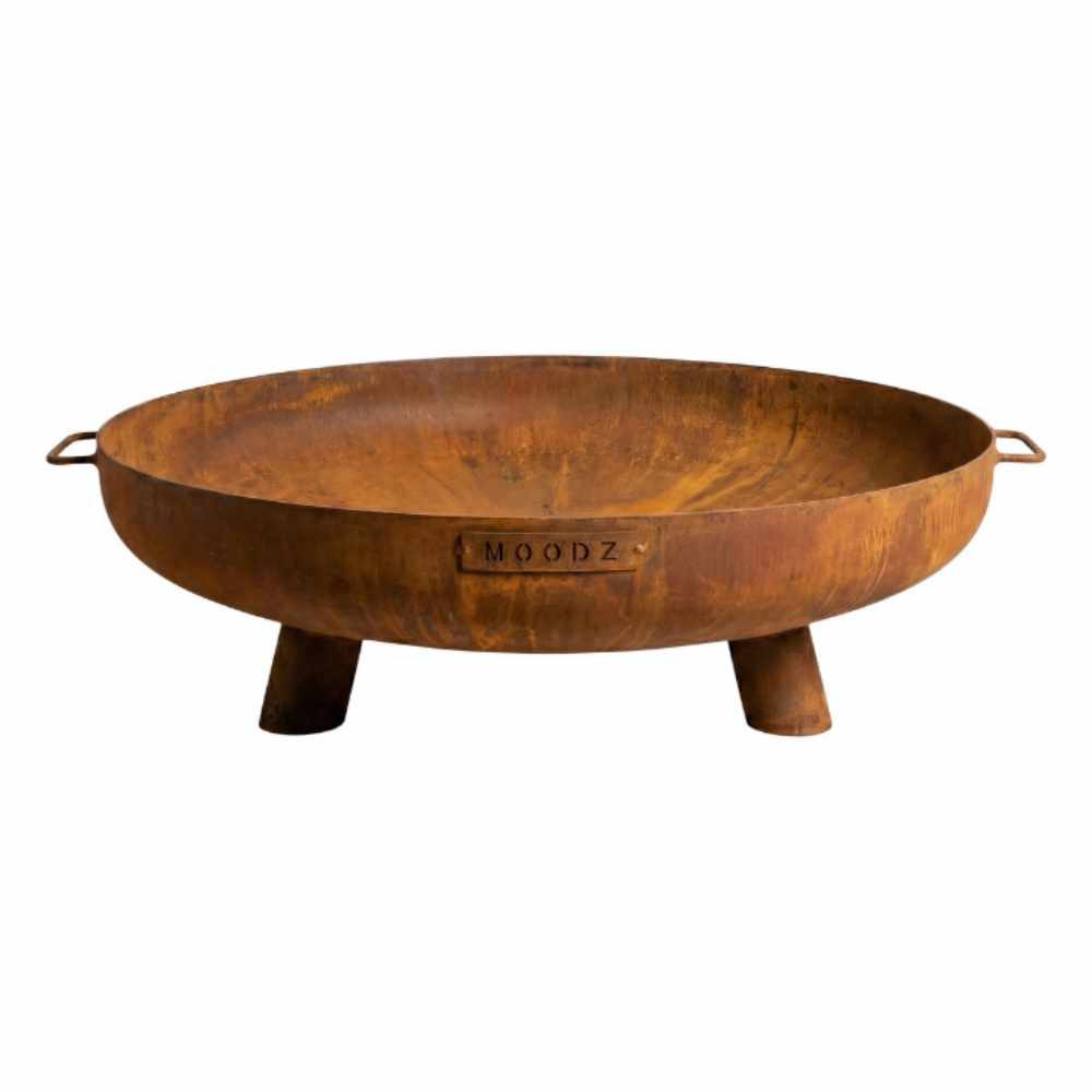 Rust-colored metal fire pit with 'Moodz' branding on a white background