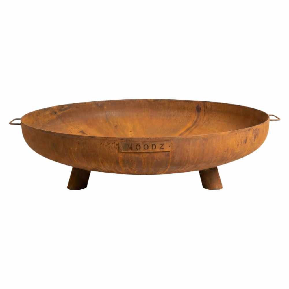 Rust-colored metal fire pit with 'Moodz' branding on a white background
