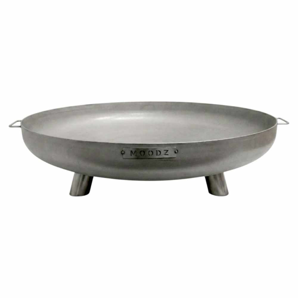 Metallic fire pit with 'Moodz' branding on a white background