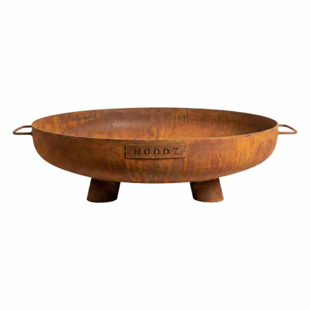 Rust-colored metal fire pit with 'Moodz' branding on a white background