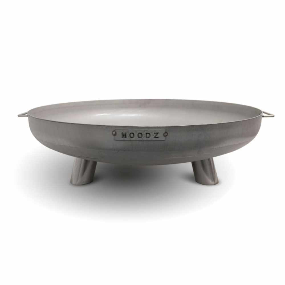 Gray metal fire pit with 'MOODZ' branding on a white background