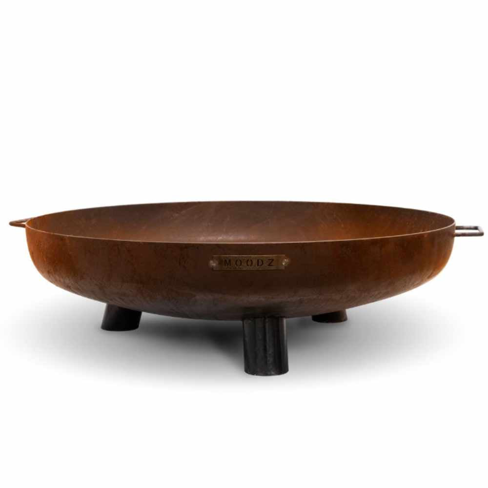 Copper-colored fire pit with 'Mood' branding on a white background